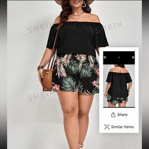SHEIN VCAY Plus Off The Shoulder Blouse & Tropical Print Shorts 2XL (16)
